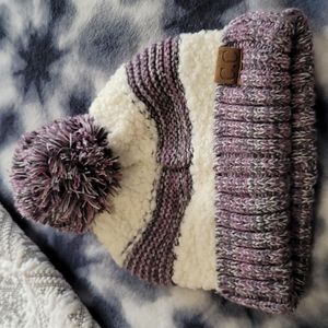 New Cozy Warm purple & cream sherpa C.C. women's beanie pompom hat